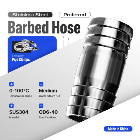 Barbed hose fitting, stainless steel 304, 3/4 in barb, 4 in length