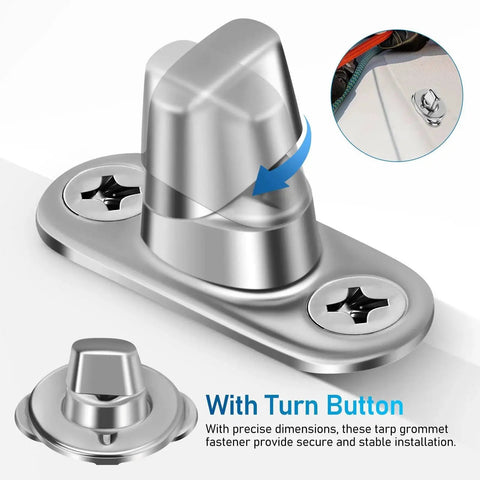 Marine twist-lock fastener with turn-button and eyelet screws on stainless base plate (front view).