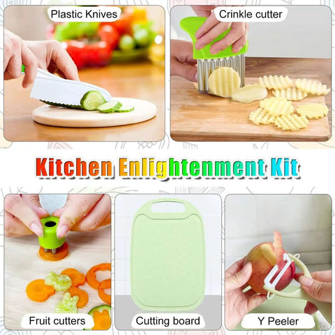 Kids Kitchen Knife Set Nine Pieces For Real Cooking With Cutting Board Y Peeler Crinkle Cutter and Serrated Plastic Toddler Knives