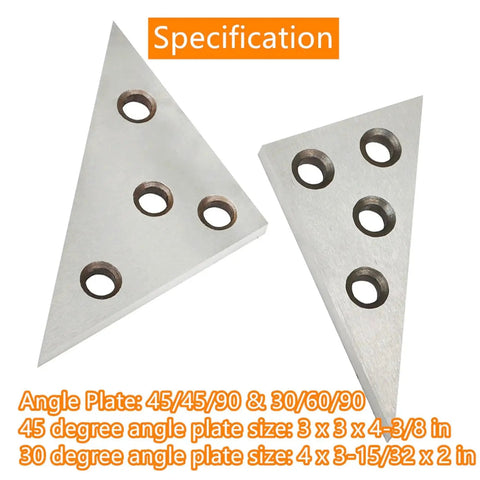 Two Piece Angle Plate Set For Machinists With 45 45 90 And 30 60 90 Triangle Blocks, Solid Hardened Steel, Four Holes Visible