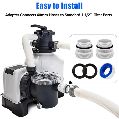 40Mm To 1-1/2 Inch Or 1-1/4 Inch Pool Hose Adapter Kit For Above Ground Filters with adapters, pump, and hose fitting.