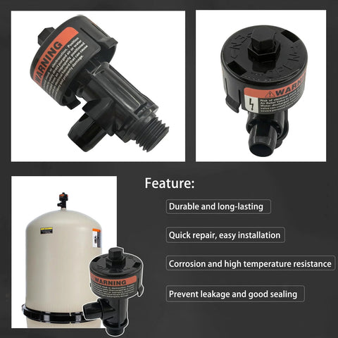 Dicsley manual air relief valve, black plastic with red warning ring and threaded outlet, side view.

Dicsley manual air relief valve top view, black plastic cap and threaded inlet, red warning label.

Dicsley manual air relief valve installed on a beige pool filter tank, black plastic body.