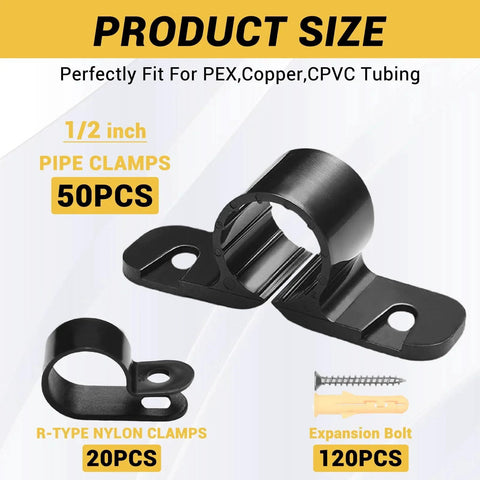 All In One Pex Pipe Support Kit For Copper CPVC And Pex Systems MSLANE Includes Fifty Half Inch Pipe Clamps Twenty R Type Nylon Clamps And One Hundred Twenty Screws.