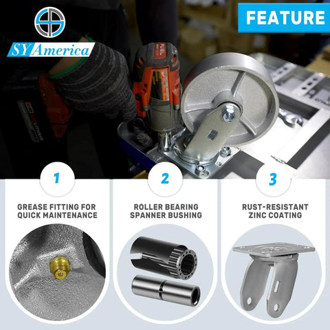 Heavy Duty Cast Iron Caster Wheels Set Of Four 5 Inch By 2 Inch Swivel Casters With 4400 Lb Load Capacity on shop equipment