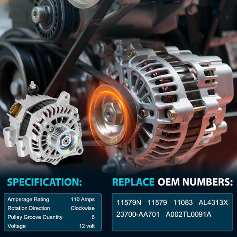 Drop-In 110A 12V 6-Groove Alternator For 2011-2013 Forester 2.5L H4 - Plug-And-Play Direct-Fit Replacement For 11579N