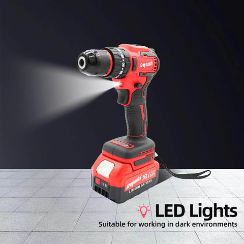 21V Max Cordless Drill Driver Kit With 2 Batteries And Charger, Built In LED, Brushless Motor, 0-1500 RPM, shown in front view