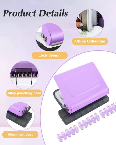 Purple 10 Hole Binding Punch for Planners with lock design and features like chips collecting and alloy punching head