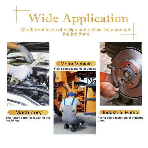 Heavy Duty C And E Clip Assortment Kit for auto, machinery, and industrial pump applications shown in use.
