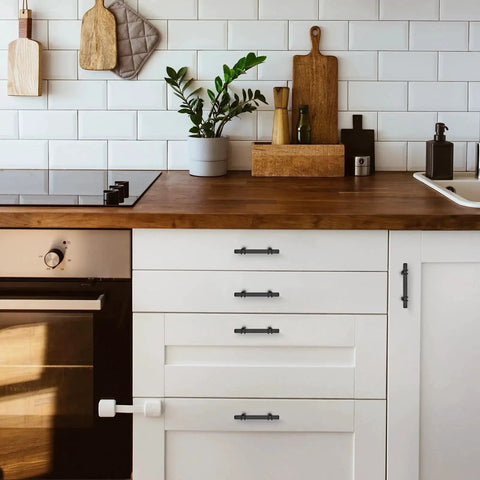 Kitchen with white cabinets fitted with Matte Black Cabinet Handles Set of 10 - 3 Inch Center Hole Zinc Alloy Square Bar Drawer Pulls