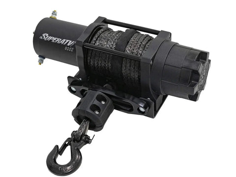 SuperATV 6000 lb black winch with synthetic rope and hook mounted on a winch plate