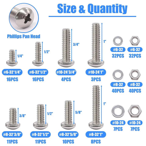 Grab-And-Go 304 Stainless Steel Nuts And Bolts Kit With 237 Pcs, 8 Sizes Including Size 6-32, 8-32, 10-24 chart