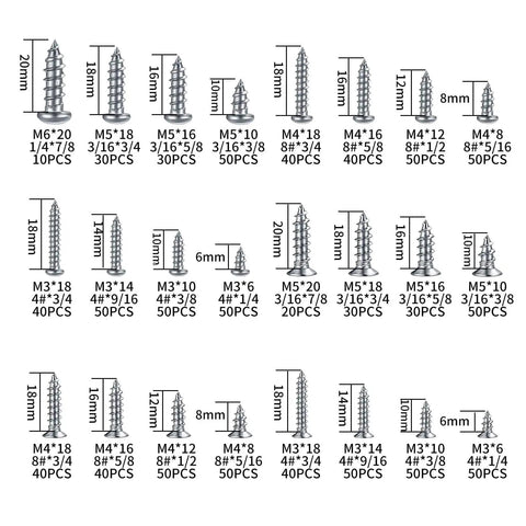 990 Pcs Self Tapping Screws Assortment Kit In Stainless Steel M3, M4, M5, M6 For Sheet Metal, Deck, Drywall, And Concrete, Phillips Drive