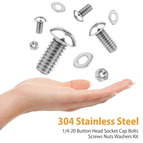 Hand holding 304 stainless steel hex button head cap screws, nuts, and washers. Durable 1/4-20 Hex Button Head Cap Screws Kit By VIGRUE.