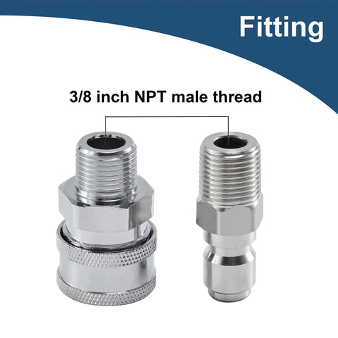 3/8 Inch Quick Connect Pressure Washer Fittings Kit With Male NPT Threads for Gas and Electric Power Washers, two chrome adapters shown