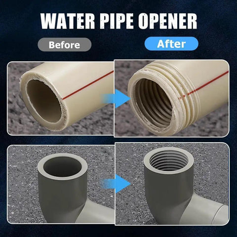 Close-up of pipe threading before and after using Electric Drill PVC Pipe Threader Kit For Half Inch And Three Quarter Inch Pipes