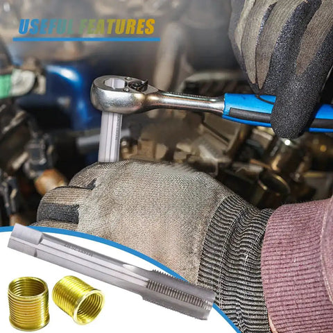 Image of Spark Plug Thread Repair Kit Stainless Steel Car Repair Tool Set With M14x1.25 Thread Inserts And M16x1.25 Tap in use.