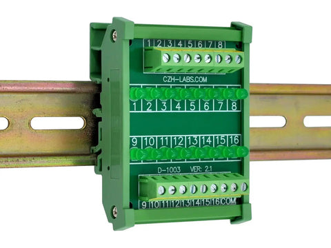 Sixteen Channel Green LED Indicator Light Module For DIN Rail Mount 5 To 50V DC Common Positive And Negative, 5mm LEDs