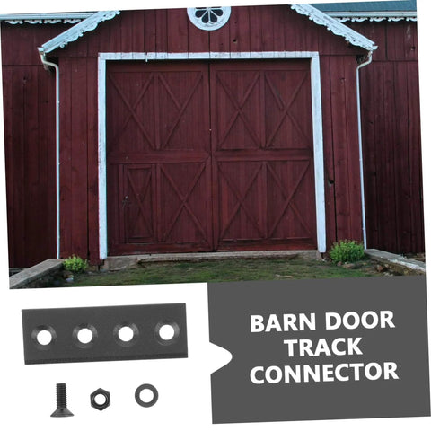 Sturdy Metal Barn Door Track Connector Kit For No Drama Smooth Operation Black Replacement Track Connecting Brace Heavy Duty Mounting Plate For Easy Install And Quiet Sliding shown near red barn doors and hardware pieces