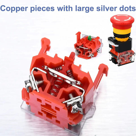 Rugged Outdoor Emergency Stop Button With Box Waterproof E Stop Switch components and inner parts, showing copper and silver connectors.