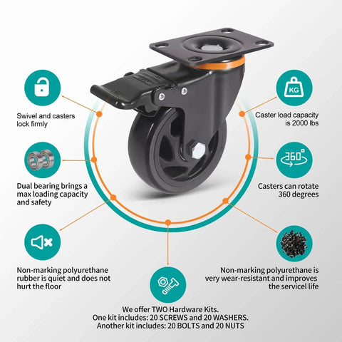 5 Inch Heavy Duty Caster Wheels Set Of 4 With Brakes And Dual Locking Safety Casters, Quiet Polyurethane Foam Wheels, 2400 Lbs Capacity Industrial Castors, shown with features highlighted