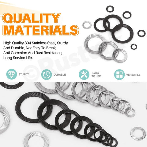 Front view of assorted 304 stainless steel lock washers serrated teeth in black and silver, multiple sizes.