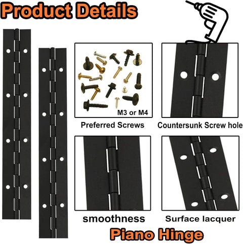 4-piece 8-inch black stainless steel 304 continuous piano hinge set with assorted screws for doors, cabinets, windows