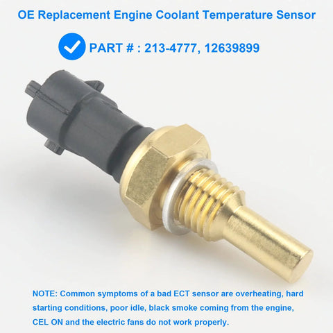 Engine coolant temperature sensor with brass threaded body and black plastic connector; part numbers 213-4777, 12639899.