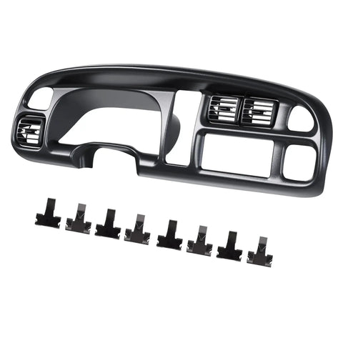 Dodge Ram Dash Bezel Cover For 1998-2002 1500 2500 3500 Instrument Cluster in black ABS plastic with vent clips.