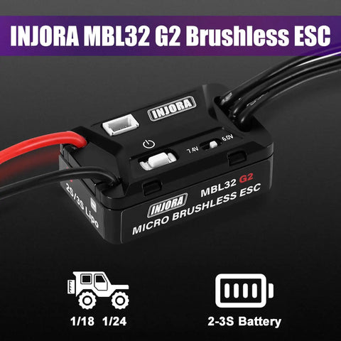 MBL32 G2 Waterproof Brushless ESC for 1/24 Axial SCX24 upgrade, showcasing programmable features and compatibility with 2-3S battery.