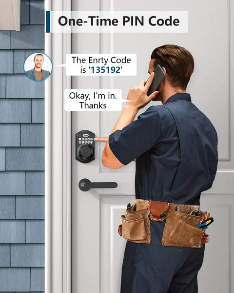 Person using Keyless Door Lock With Keypad Smart Deadbolt Front Door Auto Lock Matte Black, entering pin on keypad.