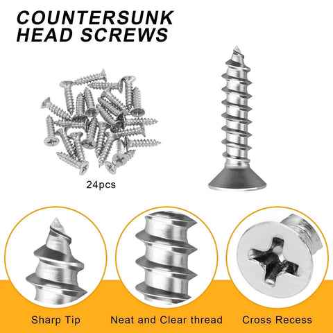 Close-up of 24 countersunk head screws, sharp tip, clear thread, cross recess; part of Stainless Steel Flat Brackets 6 Inch Set Of 4 With 24 Countersunk Screws For Furniture Repair And Fixing Corrosion Resistant Rustproof Metal Braces For Shelves Cabinets And Home Projects Ideal For DIY Home Improvement And Furniture Makeovers.