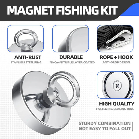 Neodymium Fishing Magnet 60mm 500lb Pull 65ft Rope For Lake Beach Lawn with durable anti-rust coating and rope hook.