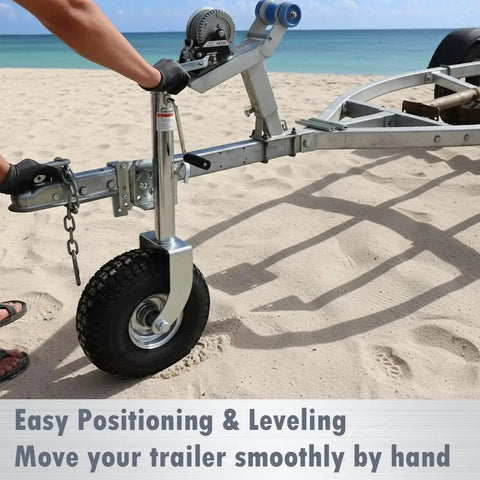 Person adjusting Swivel Trailer Tongue Jack 2000Lb Capacity Bolt-On Foldable With 13.38in Wheel on sandy beach.