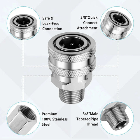 Three Eighths Inch Stainless Steel Quick Connect Kit for Pressure Washers, features male tapered pipe thread and leak-free connection.