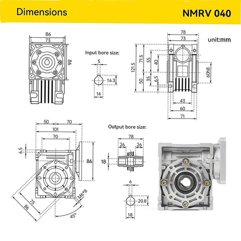 Technical diagram of NMRV040 Worm Gearbox With 30 To 1 Reduction For NEMA 34 Stepper Or Servo Motors 18 Mm Output Shaft RV40 Metal Gear Reducer