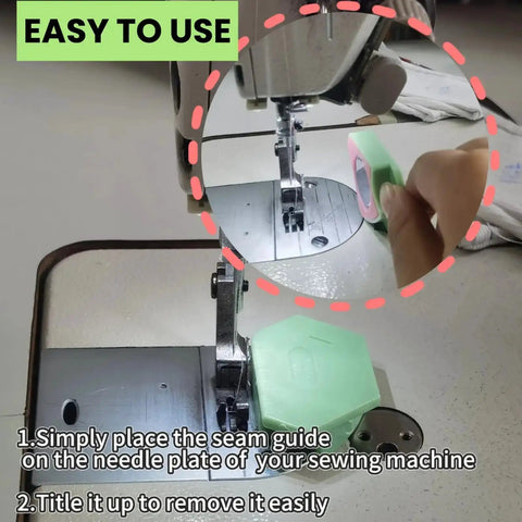 A Magnetic Seam Guide Set for Sewing Machines installed on a needle plate, showing easy setup and fabric alignment.