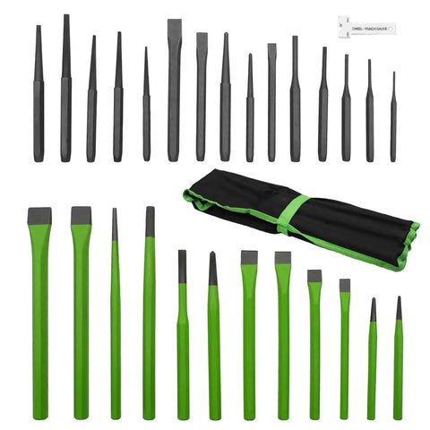 28 Piece Heavy Duty Punch And Chisel Set In Roll Up Vinyl Pouch With CRV Steel Construction Includes Taper Punches Cold Chisels Pin Punches