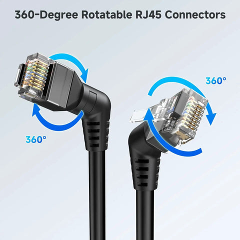 360-degree rotatable RJ45 connectors on 2-Pack 10Gbps Cat6 Ethernet Patch Cable Right Angle With 360-Degree Rotatable Connectors, 1ft Ultra-Flex PVC Jacket For Tight Spaces, Black Great For Gaming, Streaming, And Fast, Stable Network Or Router Setup
