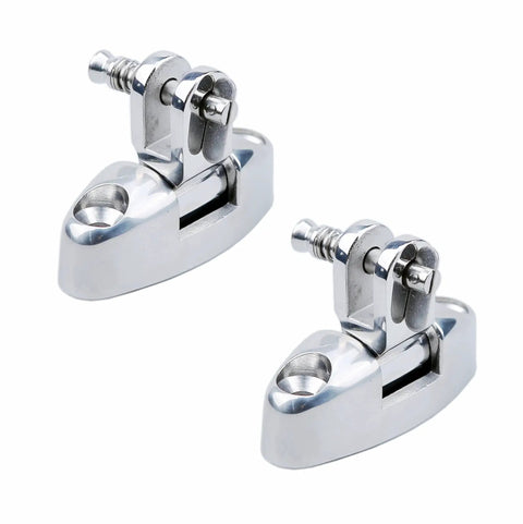 Two chrome stainless steel Bimini top swivel deck hinges with removable pins, side-mount