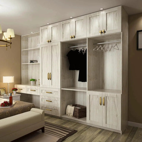 Antique Brass Cabinet Pulls With Backplate Spacer 2 Pack 5 Inch on wooden closet doors in modern bedroom setting.