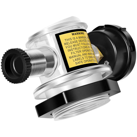 273564Z manual air relief valve with pressure gauge, metal body with threaded fittings and black end cap, yellow warning label