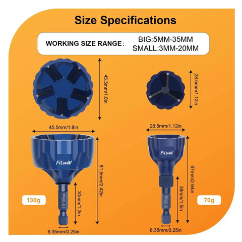 Elite External Chamfer Tool Set With Tungsten Carbide Bits Deburring Drill Bits For 1/8 To 1 3/8 Inch Metal And Plastic Tubes Dual Size Blue Titanium Nitride Chamfering System For Pros And DIYers Precise Burr Removal FiLwW image showing size specifications and blue TiN coating