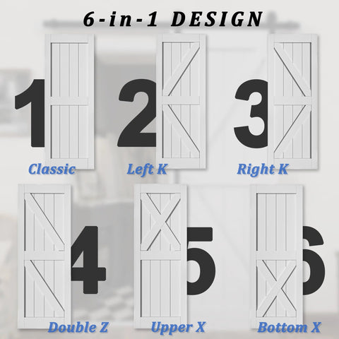 Sliding Barn Door 30 Inch By 84 Inch With 6 Foot Hardware Kit And Handle White Solid MDF Surface That Is Water Resistant And Scratch Resistant Easy To Clean And Install DIY Assembly K Frame Farmhouse Style Reno Ready 6-in-1 design options