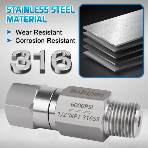 Boltigen 1/2 NPT inline ball check valve, 316 stainless steel, 6000 PSI, for well, pump, tank.