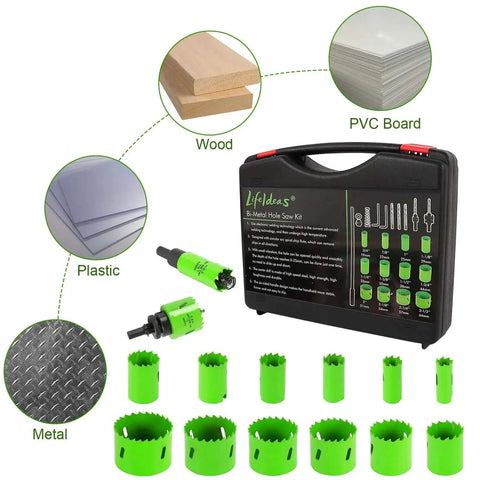 Bi-Metal Hole Saw Kit 22-Piece Set For Metal Wood PVC In Case With 12 Blades From 3/4 To 2-1/2 Inches, 2 Mandrels, 2 Hex Keys