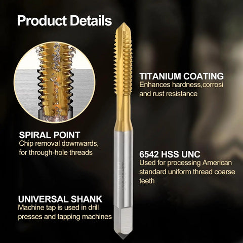 Close-up of 6-Piece Titanium Coated HSS 6542 Spiral Point Thread Tap Set For 1/4-20 UNC Threads, Tapping Tool with TiN Coating