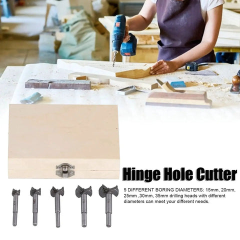 Five Piece Drill Bit Set With Adjustable Positioning Hinge Jig Drill Guide and Hinge Hole Cutter in a durable storage box