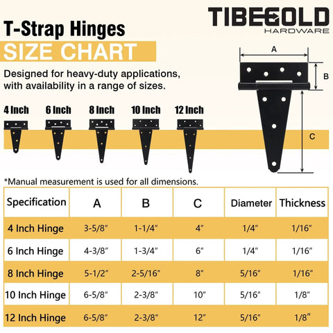 Size chart for T Strap Hinges including 12Inch T Strap Gate Hinges Heavy Duty Black Tee Hinges For Wooden Fences and Yard Gates.