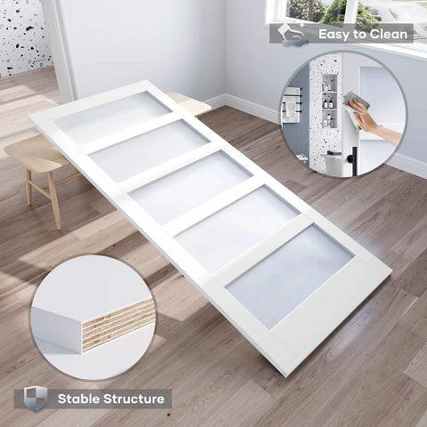 36x84 Inch Glass Sliding Barn Door Slab With 6.6 Ft Hardware Kit Included Five Frosted Glass Panes LVL Wood Core Covered In White Waterproof Scratch Proof PVC Surface Built To Last And A Snap To Install For A Clean Modern Look shown horizontally with cross-section and clean feature
