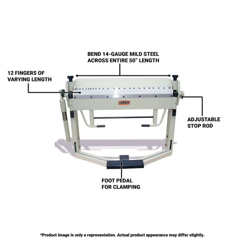 50 Inch Box And Pan Brake For 14 Gauge Mild Steel, features 12 fingers, adjustable stop rod, dual end knob controls, heavy duty metal bender